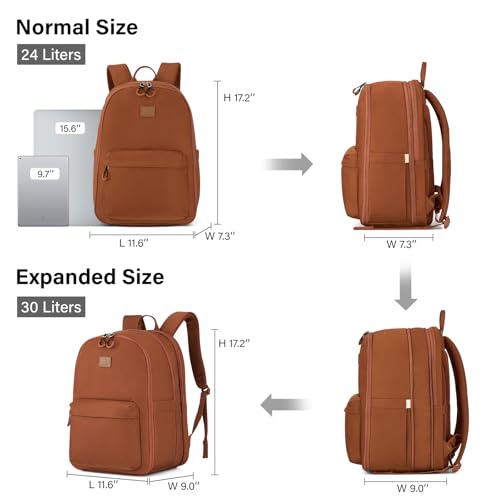 Hanke Expandable Laptop Backpack for Women and Men, 24L-30L Travel Backpack, 15.6 Inch College Laptop Bookbag for Work, Water Resistant Carry On Personal Item Bag, Caramel - color: Caramel