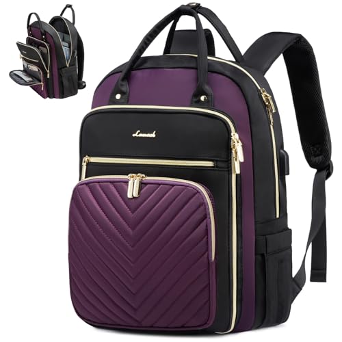 LOVEVOOK Laptop Backpack for Women, Water Resistant Travel Work Backpacks Purse Stylish Business Teacher Nurse Computer Bag with USB Charging Port, Fits 15.6" Laptop - color: Black-purple, size: 15.6 inch-Standard Laptop Compartment