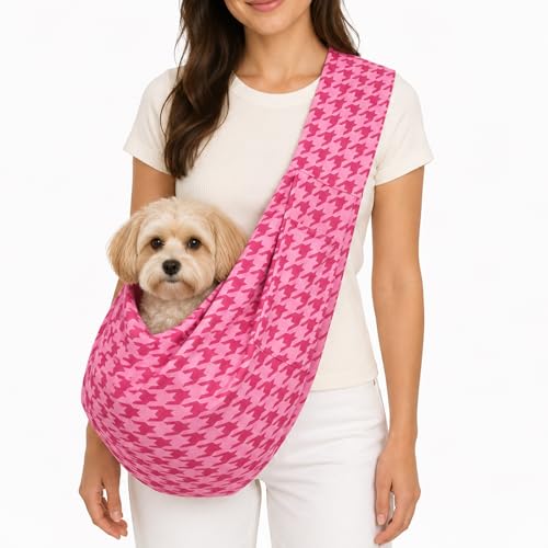 Dog Sling Carrier for Small Dogs and Cats 5–16 lbs, Puppy Carrier Sling with Safety Hook and Storage Pocket, Hands Free Pet Carrier Purse for Travel, Walking, Shopping (Pink Houndstooth) - color: Pink Houndstooth
