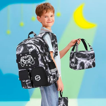 Scothen Boys Backpack, Cool Luminous School Backpack with Lunch Bag Pencil Case, Kids Backpack Kindergarten Elementary Middle School Book Bags for Teen Boys Children with USB Charging Port - color: Black Lightning