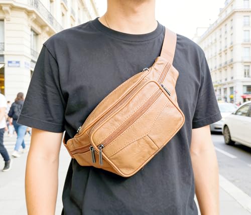 large 6 Pockets Leather Fanny Pack Travel Waist packs Waist Pack Suitable for Outdoor Mountaineering Travel Camping Cycling Running etc Fanny packs (Light brown) - color: Light brown 2025 model