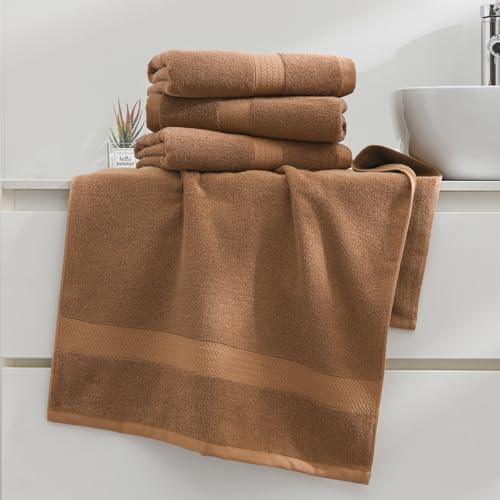 100% Cotton Hand Towel Set of 4, Oversized Ultra Soft Luxury Towels, Thick Plush, Absorbent Heavyweight, Guest Bath, Hotel, Spa, Home Bathroom, Shower,20" x 40" (Brown) - color: Tan