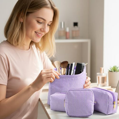 Sanwuta 4 Pcs Seersucker Pouch Cosmetic Bag Set Seersucker Makeup Bag Women Stripe Large Travel Toiletry Organizer Aesthetic Preppy Storage for Embroidery Women Bridesmaid Gifts(Purple) - color: Purple
