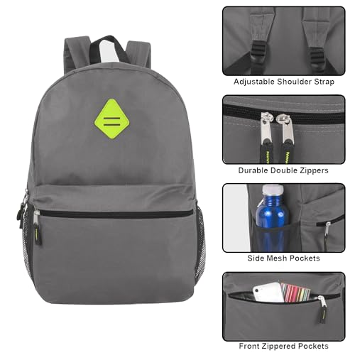 Trail maker Large School Backpacks with Mesh Side Pockets – Classic 19 Inch Solid Color Backpacks for Kids, Men, Women, Travel (Grey & Green) - color: Grey & Green