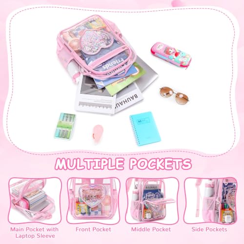 Clear Backpack for girls, 3PCS Heavy Duty Thick TPU Clear Bookbag, Transparent Bookbag Stadium Events, See Through Large Ergonomic Backpack for School Kids Women Travel Security College Concert - color: 3 Pcs Pink