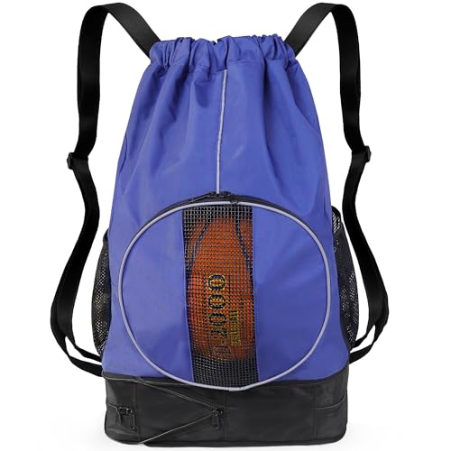 Basketball Backpack, 45 L Drawstring Sports Bag with Large Shoe Compartment and Wet Pockets for Women Men Gym Bag - color: Blue-45L