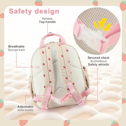 Bluboon Toddler Backpack for Girls Boys 2-4 Cute 12" Preschool Kindergarten Backpacks Kids Daycare Bags School Travel (Strawberry-Beige L, Age 4-8 (15" H Fit A4 Folder)) - color: Strawberry-beige L, size: Age 4-8 (15" H Fit A4 Folder)