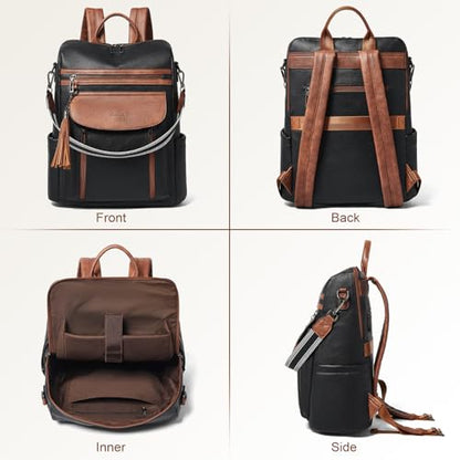 Shrrie Laptop Backpack for Women 15.6 inch,Travel Leather Backpack Purse Nurse Teacher Carry on Backpack Computer Bag,Professional Water-Resistant College Business Work Casual Daypack,Black with Brown - color: Black With Brown