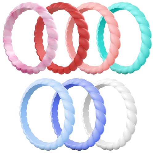 Egnaro Silicone Wedding Ring for Women,Thin and Stackble Braided Rubber Wedding Bands,No-Toxic,Skin Safe - color: 21-Pink Camo, Honey Red, Mint Green, Sky blue, light purple-blue, White, peach pink, size: 5.5-6