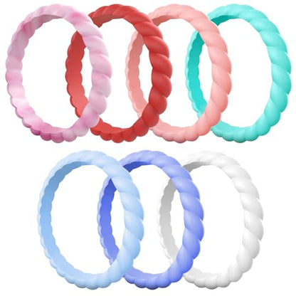 Egnaro Silicone Wedding Ring for Women,Thin and Stackble Braided Rubber Wedding Bands,No-Toxic,Skin Safe - color: 21-Pink Camo, Honey Red, Mint Green, Sky blue, light purple-blue, White, peach pink, size: 5.5-6