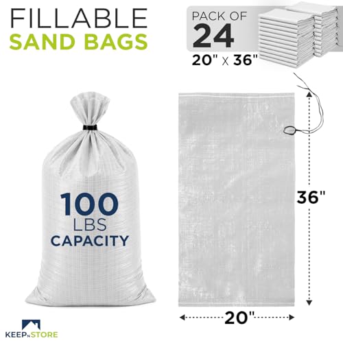 Heavy Duty Sand Bags Pack of 24, White Empty Sandbags with Built-In Ties, Woven Polypropylene UV Protection 1600 Hours, Fillable Bags for Flood Control, Weight, 20x36 inches, 100 Pounds Volume - size: 20"W x 36"L, style: Pack of 24
