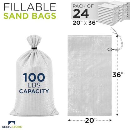 Heavy Duty Sand Bags Pack of 24, White Empty Sandbags with Built-In Ties, Woven Polypropylene UV Protection 1600 Hours, Fillable Bags for Flood Control, Weight, 20x36 inches, 100 Pounds Volume - size: 20"W x 36"L, style: Pack of 24