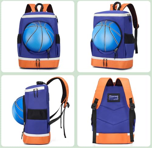 Soccer Backpack with Ball Holder on Outside, Football Volleyball Basketball Backpack with Shoe Compartment and Ball Holder - color: Basketball orange blue