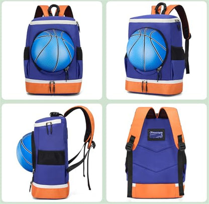 Soccer Backpack with Ball Holder on Outside, Football Volleyball Basketball Backpack with Shoe Compartment and Ball Holder - color: Basketball orange blue