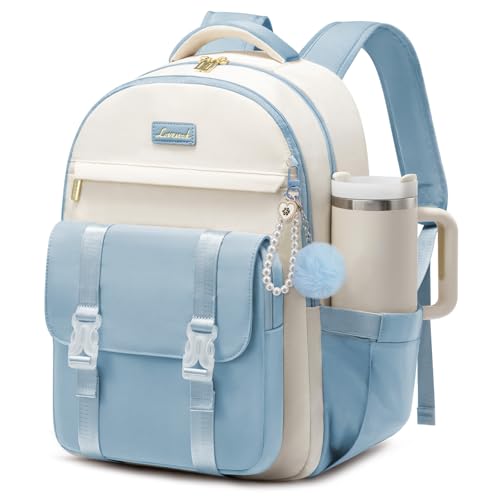 LOVEVOOK School Backpack for Teen Girls, Cute Student Backpack Purse Kid Bookbag for 8-17 Teenage, Back to School Backpacks Fit 15.6 Inch Laptop, College Travel Bag with Large Water Bottle Holder - color: Beige-light Blue, size: 15.6 Inch