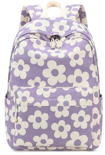 Bluboon School Backpack for Teen Girls Bookbags Elementary High School Corduroy Laptop Bags Women Travel Daypacks - color: Beige Flower Purple Background