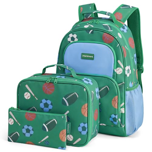 mommore Kids Backpack for Boys Girls 4-8 Kindergarten Elementary School Backpack with Lunch Box - 15” H Fit Folder - color: Sports Ball, style: 3 Pcs