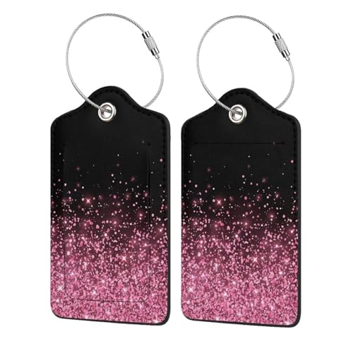Hot Pink Leather 2 Luggage Tags for Suitcases Rose Gold Red Glitter Travel Bag Suitcase Labels with Stainless Steel Loop ID Tags Card Baggage Bag LabelP - color: Rose Gold Glitter