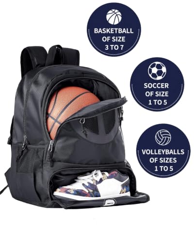 Basketball Bag Backpack for Men Women with Ball & Shoes Compartment 30L Capacity Lightweight Breathable Boys Girls Soccer Ball Bag Backpack Fit Volleyball Football Sports Travel School Gym - color: TK8Black