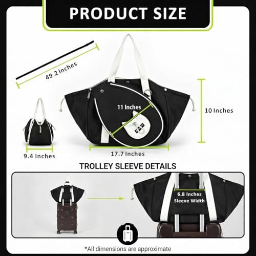 Smartway Pickleball Tote Bag for Women with Detachable Racket Sleeve - color: Black
