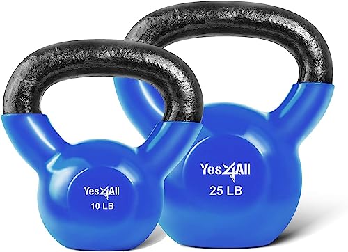 Yes4All Kettlebell, Vinyl Coated Kettlebell Cast Iron Sets with Stable Flat Bottom for Full Body Workout, Push up, Grip Strength Training & Weights Exercises - color: Blue, style: 10 + 25lb