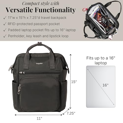 Baggallini Securtex Anti-Theft Windsor Backpack for Travel, Work & College, RFID & Locking Zipper, Up to 16" Laptop - color: Charcoal