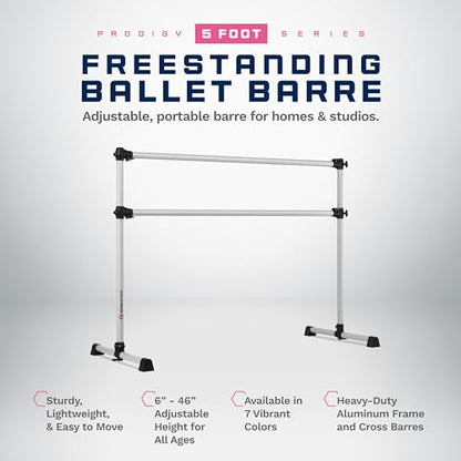 VITA Barre Portable Freestanding Double Ballet Barre, Prodigy, Aluminum | Adjustable Height, USA Made, Home or Gym Exercise Equipment for Kids & Adults | Dance, Fitness, Pilates - color: Satin Silver, style: 5 Ft