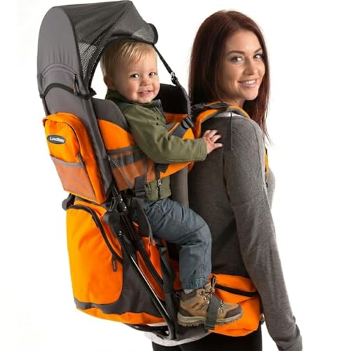 Hiking Baby Carrier Backpack - Comfortable Toddler/Baby Backpack Carrier System with Diaper Change Pad, Insulated Pocket + Rain and Sun Hood to Protect Your Child - color: Orange/Grey