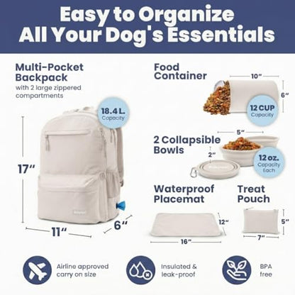 Dog Travel Bag for Supplies - Complete Dog Diaper Bag Backpack with 2 BPA-Free Travel Bowls, Treat Pouch, Food Container, Placemat & Laptop Sleeve – for Traveling, Road Trips, Hiking: Beige - color: Beige