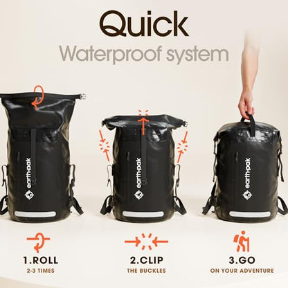 Earth Pak Waterproof Backpack - Heavy Duty Hiking Backpack - Roll-Top Closure Bag - Cushioned Dry Bag Waterproof Phone Case - color: Black, size: 35L