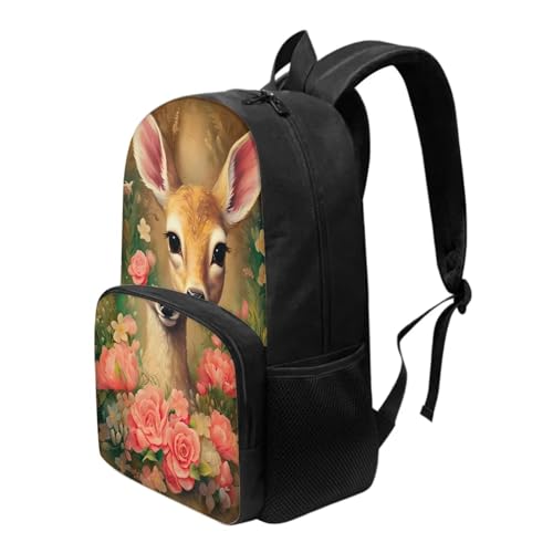 Talayituse Deer Flower Print School Backpack Bookbag Casual Backpack Student Backpack for Students Travel Hiking Camping Daypack with Front Zipper Pocket - color: Deer Flower