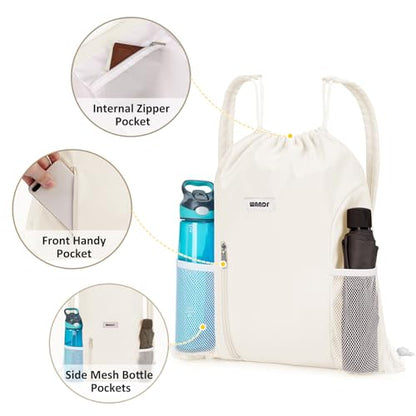 WANDF Drawstring Backpack, Gym String Bag with Shoulder Pad - color: M, Beige, size: Medium