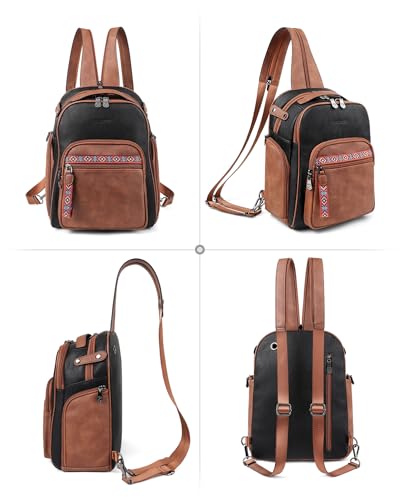 FADEON Large Sling Bag for Women, Designer Leather Crossbody Purse Convertible Sling Backpack, Anti Theft Daypack for Travel - color: Retro Black With Brown