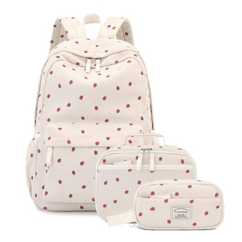 Tanweibago Backpack for Girls Boy Teen Corduroy Bookbags Elementary Middle High School Women Laptop Bag with Lunch Box Pencil Bag (Strawberry Beige) - color: Strawberry Beige