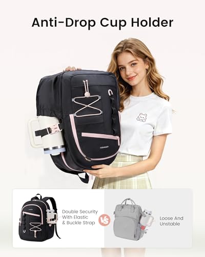 LOVEVOOK School Backpack for Girls, Large Capacity 16 Laptop Backpack with Insulated Lunch Box & Tumbler Pockets, Multi-Compartment Bookbag, Water-Resistant Travel Backpack, Black Pink - color: Black Pink Lunch