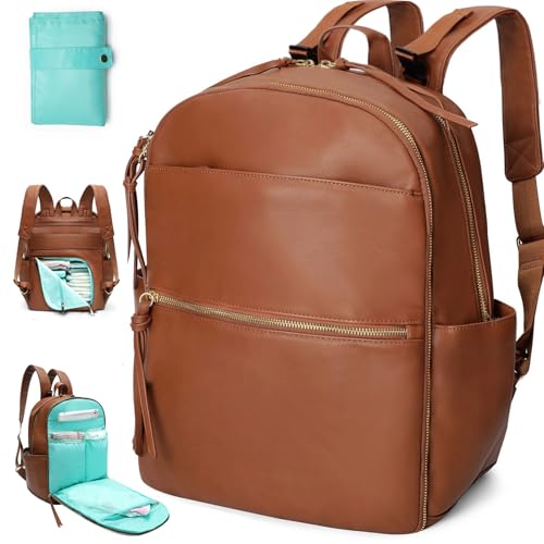MOMINSIDE Diaper Bag Backpack with 6 Insulated Pockets, Leather Diaper Bag, Large Baby Bag for Mom, Baby Registry, 18 Pockets, Changing Pad, Stroller Straps (Brown) - color: Brown