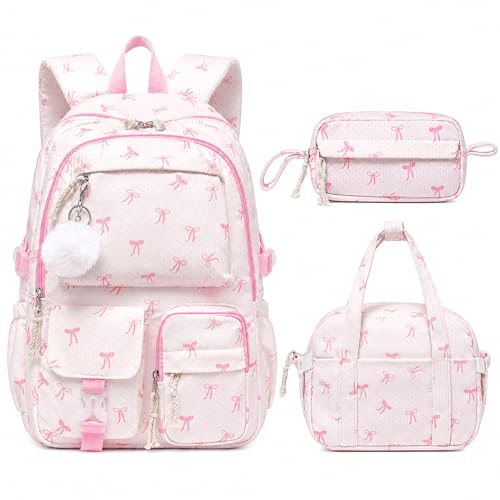 Backpack for Girls, 3PCS Corduroy Girls Schoolbag Set with Lunch Bag & Pencil Pouch, Lightweight Teen Girl Backpacks for Elementary Middle High School Bookbag Laptop Bag Travel Daypack - color: Pink Bow