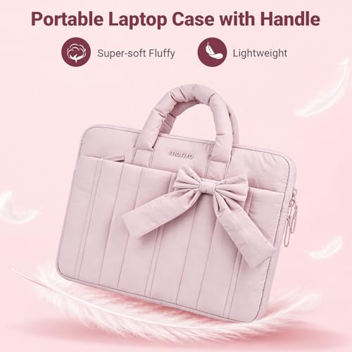 MOSISO Laptop Case 13.3 inch, 13-13.3 inch Puffy Laptop Sleeve Compatible with MacBook Neo/Air 13.6 M5 M4 M3 M2 M1/Pro 13/14, HP Dell ASUS Lenovo, Rectangle Quilted Carrying Bag with Bow&Handle, Pink - color: Pink, size: 13.3 inch