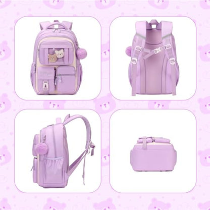 PIG PIG GIRL Kids Backpack for Girls School Bags for Middle School Students Book Bag for Elementary Primary Kawaii Ita Backpack, Purple and Beige - color: Purple and Beige