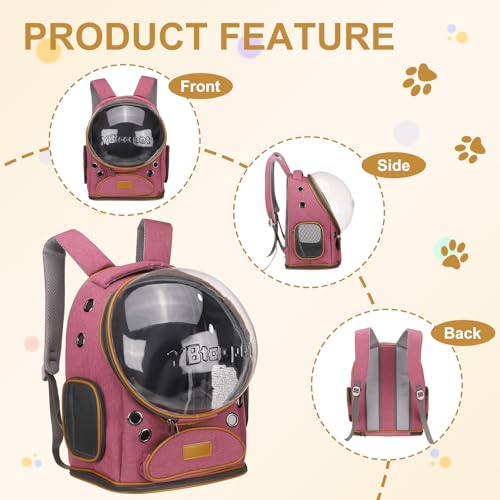 Pet Backpack Carrier, Portable and Ventilated, Oxford Cloth, Dog Cat Travel Bag with Transparent Cover 12.6", (Pink, 1 Pcs), Intended for Hiking/Camping/Traveling - color: Pink