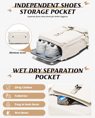 SEAFEW Beige Motorcycle Backpack Helmet Bags with Separate Seal Compression Bag with Travel Pump, Carry on Backpack Flight Approved Casual Daypacks Anti-theft Laptop Daypack for Work Trip Gym - color: Beige