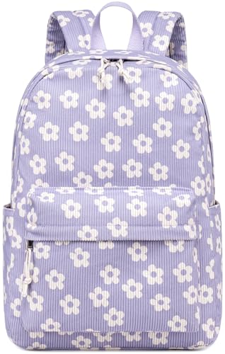 Bluboon School Backpack for Teen Girls Bookbags Elementary High School Corduroy Laptop Bags Women Travel Daypacks - color: Beige Small Flower 95 Purple