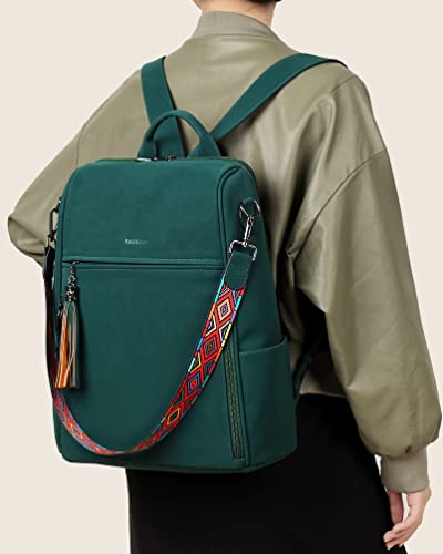 FADEON Leather Laptop Backpack for Women Designer 15.6 inch PU Laptop Bag, Ladies Travel Computer Work Backpack Green - color: Dark Green Suede Style