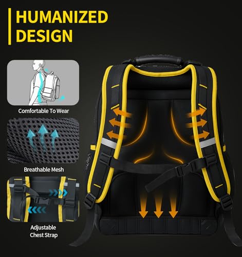 Tool Backpack, Heavy-Duty Tool Organizer Bag for Men Dad Gift, Water-Resistant Technician Tool Carrier w/ Molded Base, Laptop Storage, Backpack for Electricians HVAC Construction Repairman Home Repair