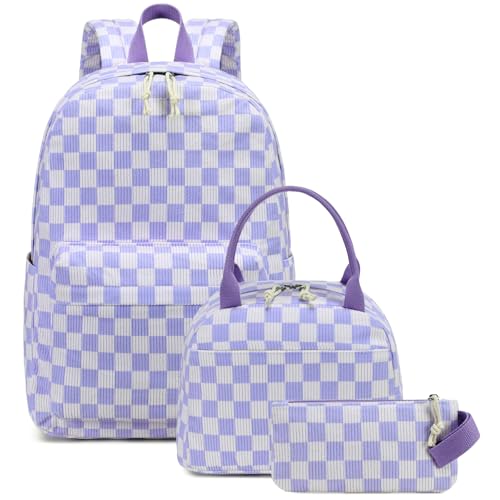 Bluboon School Backpack Set Girls Womens Laptop Bookbag Casual Daypack Fits 15 inch Laptop with Lunch Tote Bag and Pencil Bag - color: Purple and White Checkered