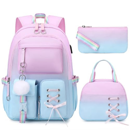 ACESAK Backpacks for Girls, Girls Backpack with Lunch Box and Pencil Case for Teen Kids Elementary Middle High School College Student, Children Backpack Bookbag with USB Charging Port (Pink-blue) - color: Pink-to-blue Gradient