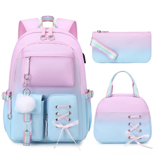 ACESAK Backpacks for Girls, Girls Backpack with Lunch Box and Pencil Case for Teen Kids Elementary Middle High School College Student, Children Backpack Bookbag with USB Charging Port (Pink-blue) - color: Pink-to-blue Gradient