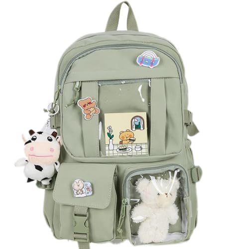 Kawaii Backpack with Cute Bear Plush Kawaii Pin Accessories Large Capacity Aesthetic School Bags Cute Bookbag for Girls Teen(Simple, Army Green) - color: Army Green