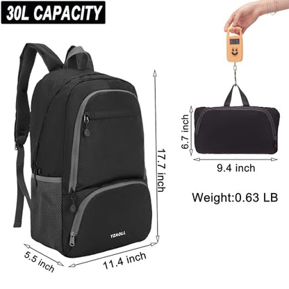 YZAOLL 30L Hiking Backpack Lightweight Day Packs, Packable Backpack for Women Men Travel Camping Vacation,Black - color: E-black