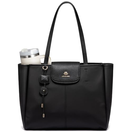 LOVEVOOK Laptop Tote Bag for Women,Nylon Work Totes with 17.3 Inch Laptop Compartments, Lightweight Fashion Purse with Large Cup Holder,Travel Tote with Luggage Straps - color: Black, size: 17 Inch